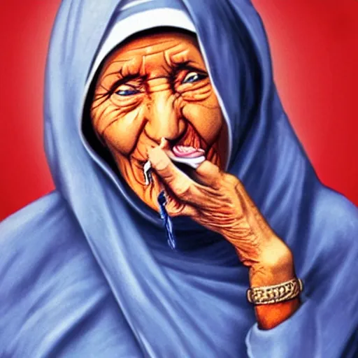 Prompt: mother theresa smoking marijuana, happy, red eyes