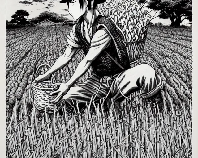 Prompt: Highly detailed and intricate ink drawing of an anime farmer tending to his crops with a pack animal || VERY VERY ANIME!!!, fine-face, realistic shaded perfect face, fine details. Anime. realistic shaded lighting poster by katsuhiro otomo, ghost-in-the-shell, ayami kojima