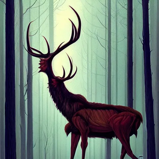 Image similar to rafeal albuquerque comic art, joshua middleton, artgerm : : wendigo monster with deer skull face, antlers, furry body, tall and lanky : : walking through the forest : : night time : : spooky, scary, fog