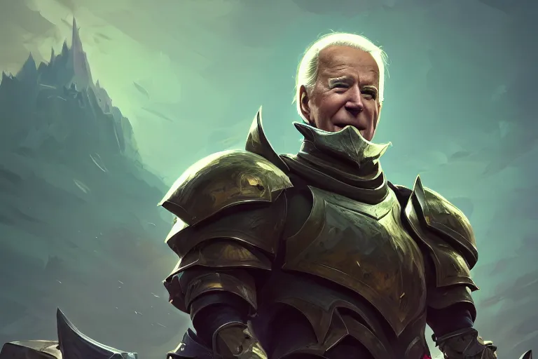 Image similar to portrait of joe biden in magical heavy armor, rule of thirds, low angle, league of legends splash art, path traced, octane render, enigmatic lighting, digital painting, alena aenami, lilia alvarado, shinji aramaki, karol bak, alphonse mucha, colin searle, artstation, ray tracing, unreal engine 5, tom bagshaw