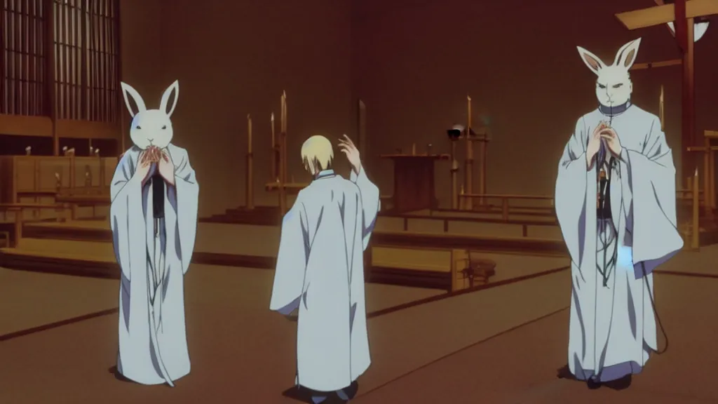 Image similar to a man wearing priest clothes and a white rabbit mask standing in an Japanese church, anime film still from the an anime directed by Katsuhiro Otomo with art direction by Salvador Dalí, wide lens