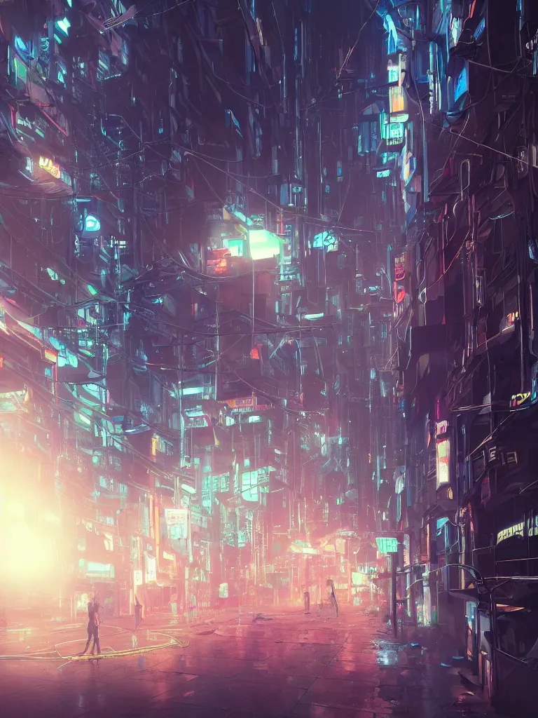 Image similar to futuristic cyberpunk street, hanging cables, narrow, garbage on the ground. rain. fog, haze, evening. led screens. golden hour. volumetric lighting. cables on the ground. very messy. futuristic. photorealistic. artstation. anime. studio gimbli style