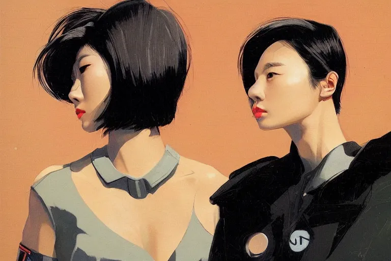 Image similar to Lee Jin-Eun by Vincent Di Fate, rule of thirds, seductive look, beautiful, in intergalactic hq