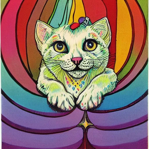 Image similar to a prism magically fractures a white kitten into every color of the rainbow, Louis William Wain,