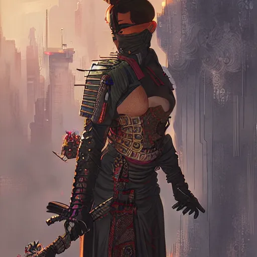 Image similar to cyberpunk samurai ,with techware , D&D, intricate, elegant, highly detailed, digital painting, japanese , altered carbon style,trending on artstation, concept art, illustration, art by Artgerm and Greg Rutkowski and Alphonse Mucha