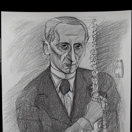 Image similar to an unfinished drawing of Marcel Duchamp looking at a complex machine, hyperdetailed and line drawing