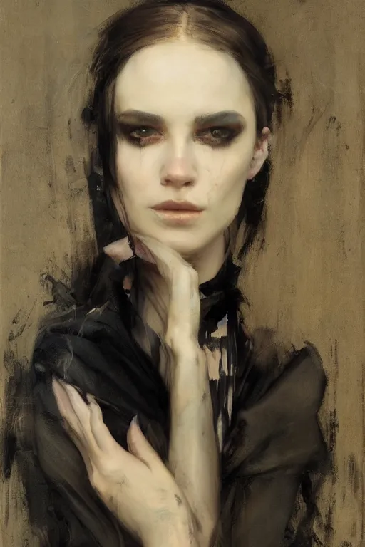 Image similar to Richard Schmid and Jeremy Lipking and Roberto Ferri full length portrait painting of a young beautiful evil fantasy priestess covered head to toe in black except for face