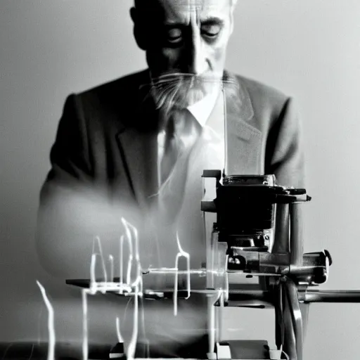 Prompt: close-up portrait of Marcel Duchamp working on a minimal machine, long exposure, minimal composition, packshot, archival pigment print