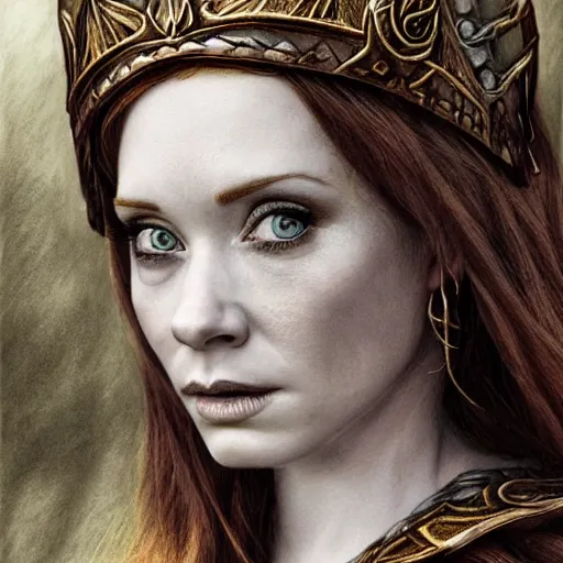 Image similar to hyper realistic pencil drawing of Christina Hendricks as a viking princess, intricate detail, beautiful, battle armor, war, fight, light, dragon, bright color palette
