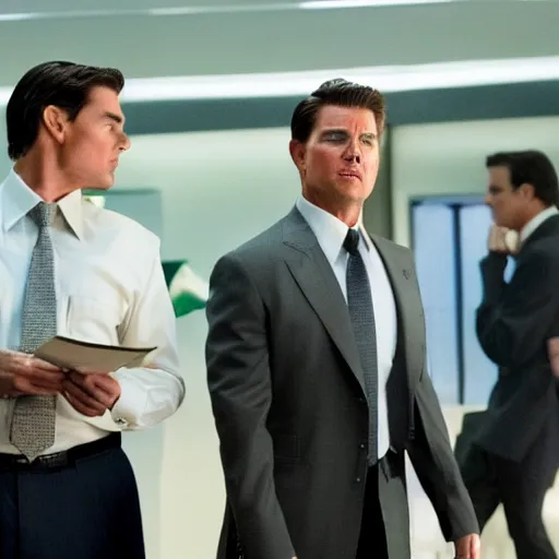 Image similar to tom cruise in wolf of wall Street movie, movie still