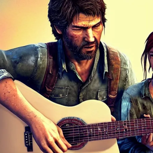 Prompt: Ellie and Joel from the last of us playing the guitar