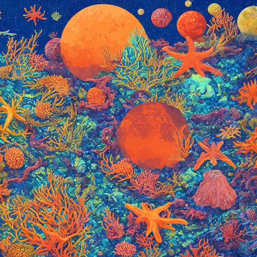 Prompt: album art of an alien planet made out of different coloured corals, with big starfish, creatures, omni magazine, detailed