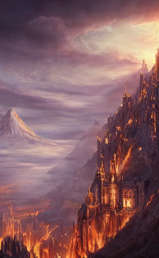 Image similar to beautiful gold fantasy city made from white stone and bright copper built on the side of a volcano, gondor, misty, red sky, medieval city, metropolis, magic, gorgeous clouds, white marble, god rays, digital art, landscape, fantasy art, octane render, ureal engine, high detail, very realistic, by greg rutkowski. by james gurney