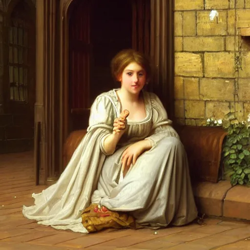 Prompt: painting by Edmund Blair Leighton of a beautiful barmaid in old silky clothes sitting on the floor, looking at her hands with a surprised expression on her face, detailed face, touching her clothes, the interior of a medieval castle in the background, 4k oil on linen by Edmund Blair Leighton, highly detailed, soft lighting 8k resolution