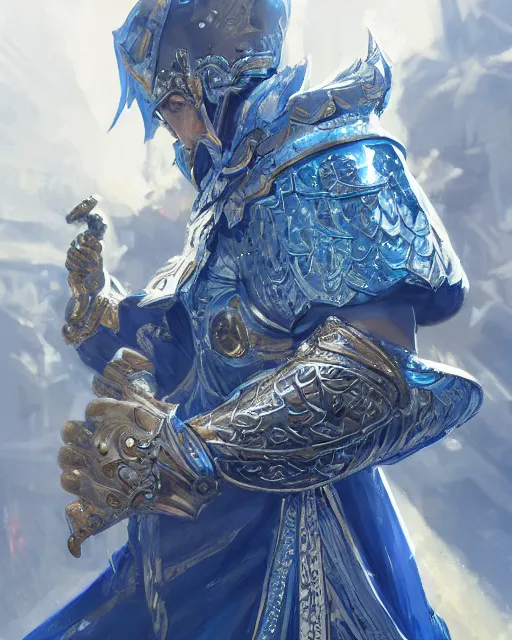 Image similar to concept art, full body portrait of king sorcerers, ornate, blue and silver, armor, robes, hyperrealistic, 4 k, unreal engine, highly detailed, dramatic lighting, beautiful, atmospheric lighting, visible face, by makoto shinkai, stanley artgerm lau, wlop, rossdraws