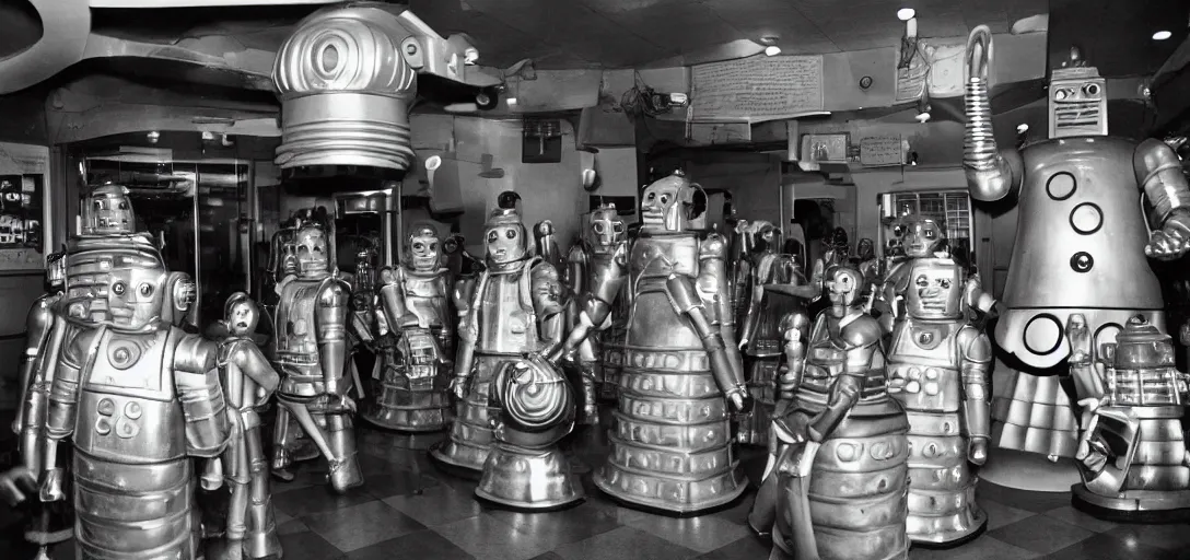 Prompt: cybermen and daleks and happy families eating fast food, inside a vintage fast food restaurant, kodak Ektachrome 10, 15mm wide angle close up