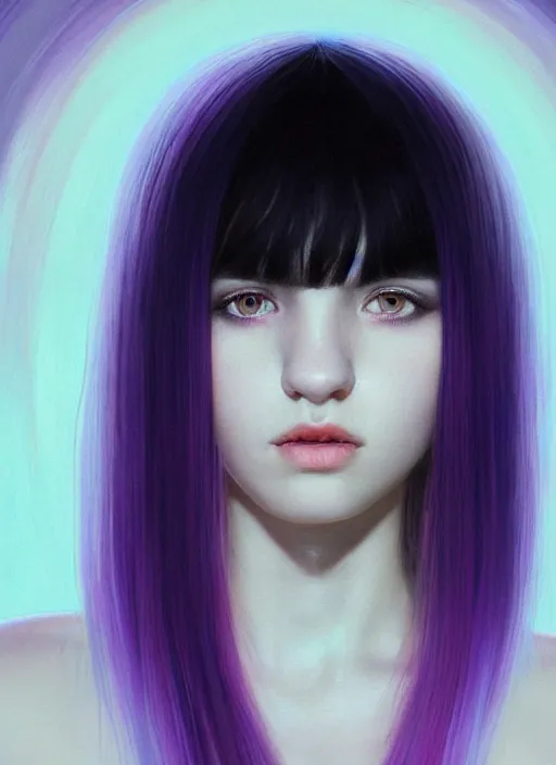 Image similar to hair whitebangs hair, black hair, whitebangs, portrait of teenage girl with white bangs, red irises, purple clothes, white bangs, bangs are different color from hair, intricate, elegant, glowing lights, highly detailed, digital painting, artstation, concept art, smooth, sharp focus, illustration, art by wlop, mars ravelo and greg rutkowski