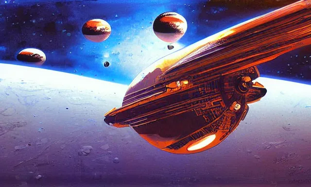 Prompt: digital painting of a spaceship in the orbit of mars by john berkey