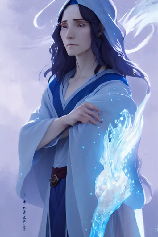 Image similar to elvish female sorcerer doing water magic spells, blue robes, red hair, finely detailed perfect face, exquisite details, mid view, design on a white background, by studio muti, greg rutkowski makoto shinkai takashi takeuchi studio ghibli