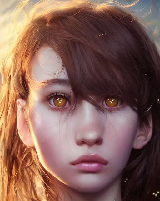 Prompt: 1 5 - year old girl with lush frizzy untamable brown hair, large front teeth, and bright piercing brown eyes, hyper realistic face, beautiful eyes, character art, art by artgerm lau and wlop and and ilya kuvshinov and john singer sargent, hyperdetailed, symmetrical, cryengine, trending on artstation, digital art