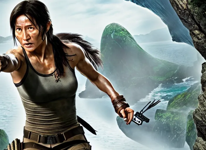 Image similar to film still of!!!! jackie chan jackie chan jackie chan!!! as lara croft in new tomb raider movie, 8 k