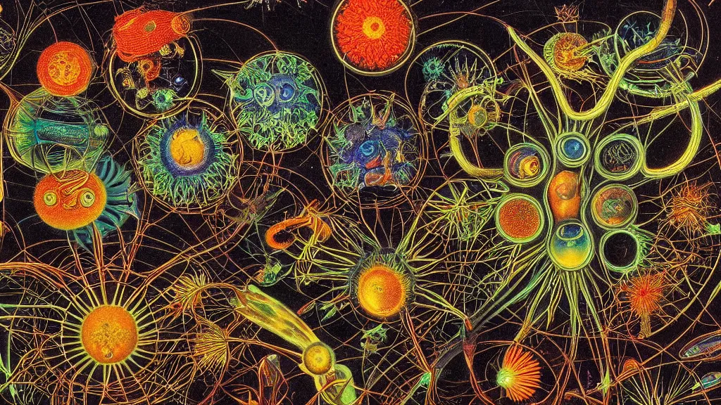 Prompt: quantum connections represented as symbiotic organisms like cells playing around with colorful lights by ernst haeckel, hostile environment, greedy
