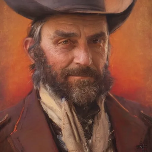 Prompt: Solomon Joseph Solomon and Richard Schmid and Jeremy Lipking victorian genre painting portrait painting of Royal Dano a rugged cowboy gunfighter old west character in fantasy costume, rust background