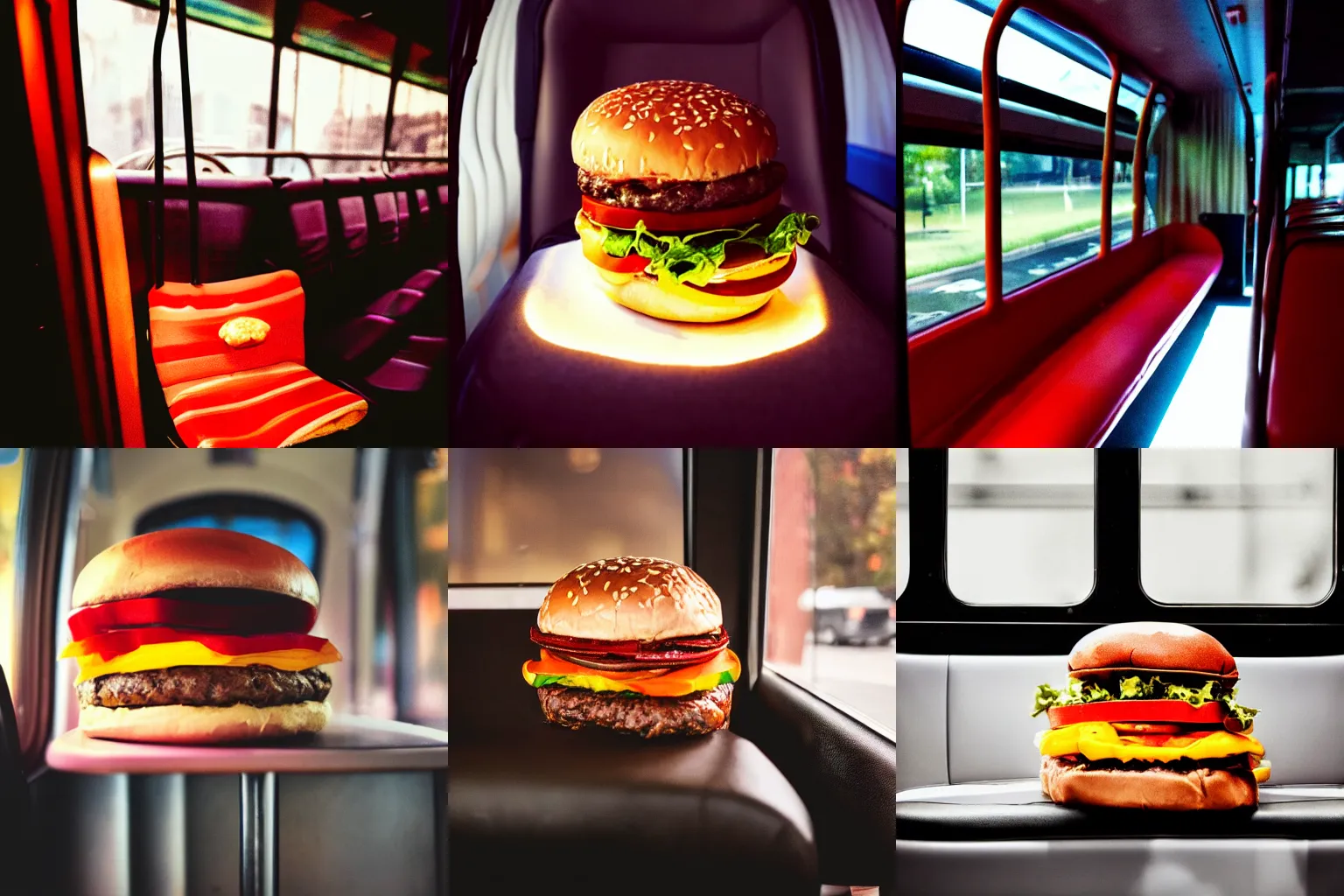 Prompt: a hamburger sitting on a bus seat, dramatic flourescent lighting