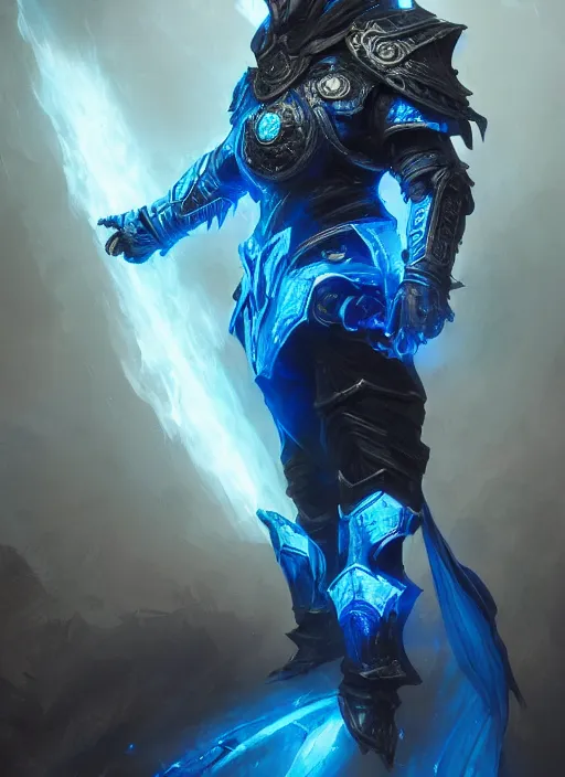 Image similar to kaladin stormblessed in shardplate. a knight in amazing fantasy armor that glows, bursting with blue light, sleek, lightweight but imposing, light glowing from the seams. intricate and ornate. concept art from artstation. beautiful highly detailed fantasy painting by greg rutkowski