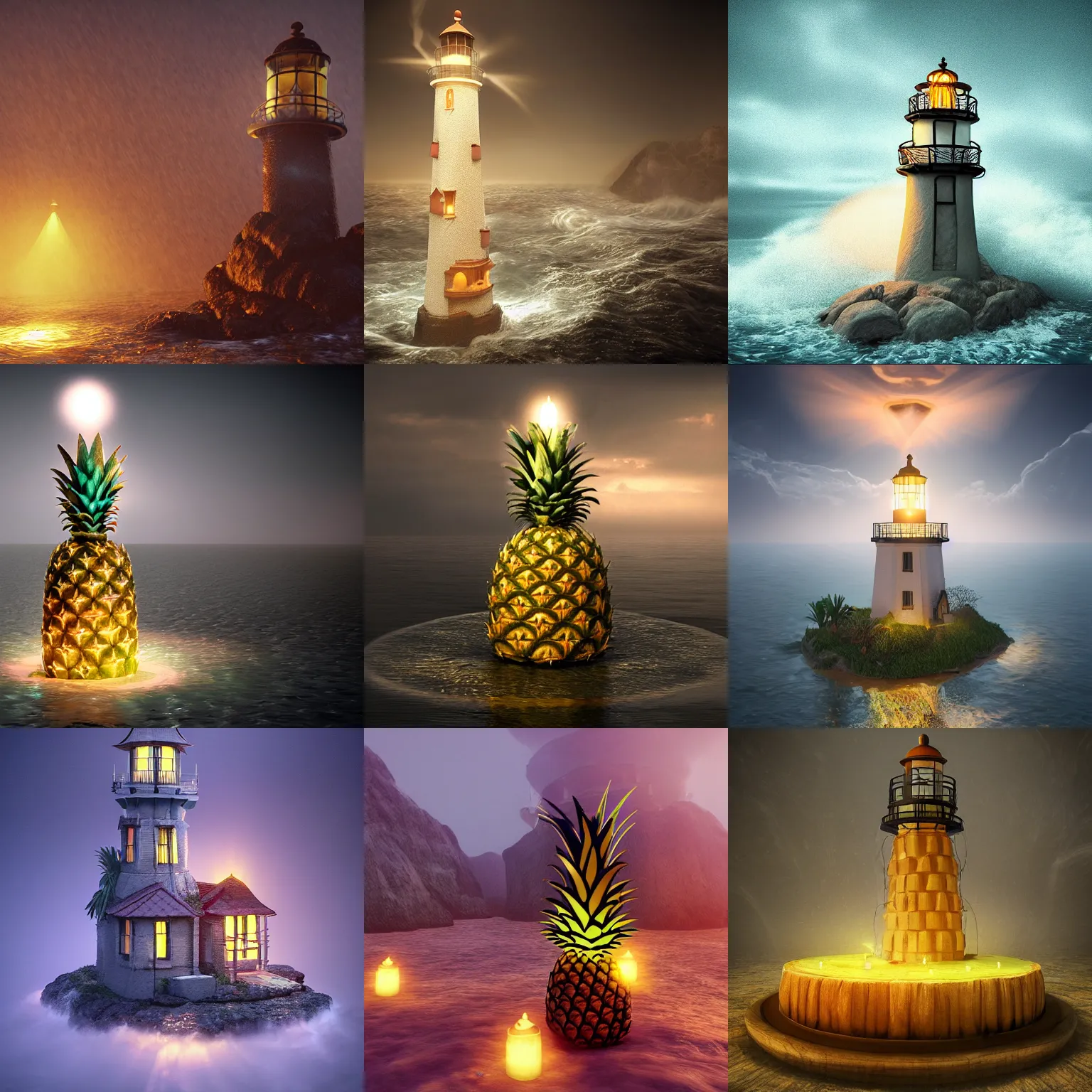 Prompt: a pineapple lighthouse, by wojciech siudmak by eiq, cgsociety, glowing swirling mist, candles, dramatic lighting, render