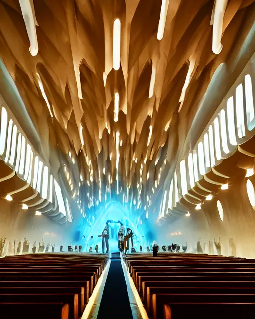 Prompt: crowd in a futuristic church, priest, pews, ethereal, inviting, bright, unreal engine, hyper realism, realistic shading, cinematic composition, realistic render, octane render, detailed textures, photorealistic, wide shot