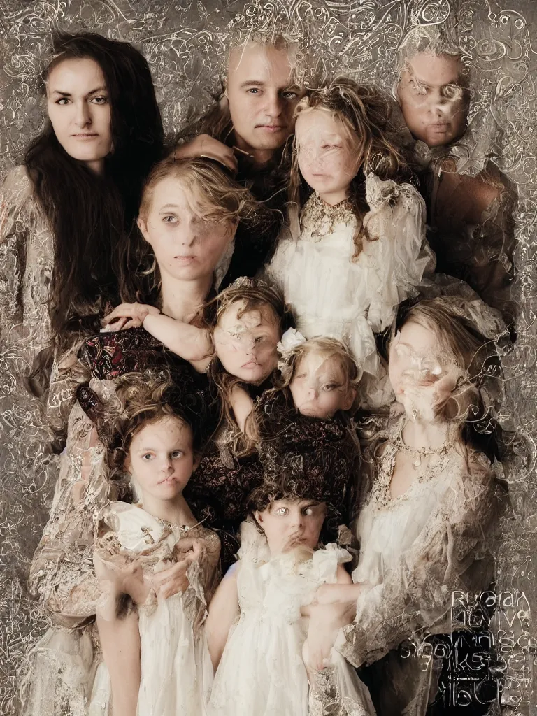 Prompt: A typical Russian family photoportrait, 50 mm lens photo portrait, intricate, cinematic lightning, studio light, studio quality, award winning, Vogue Journal Cover