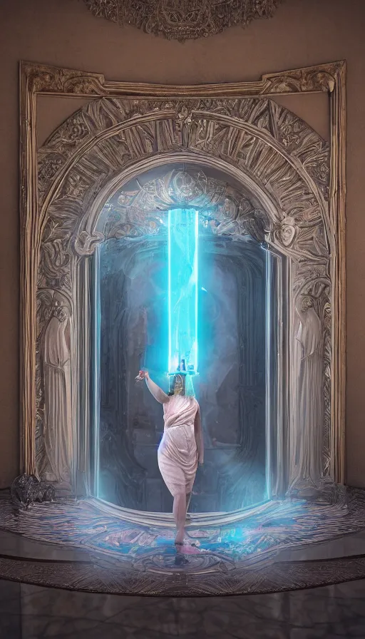 Prompt: goddess of illusion, beautiful, stunning, breathtaking, mirrors, glass, magic circle, magic doorway, fantasy, mist, bioluminescence, hyper - realistic, unreal engine, by wes anderson,