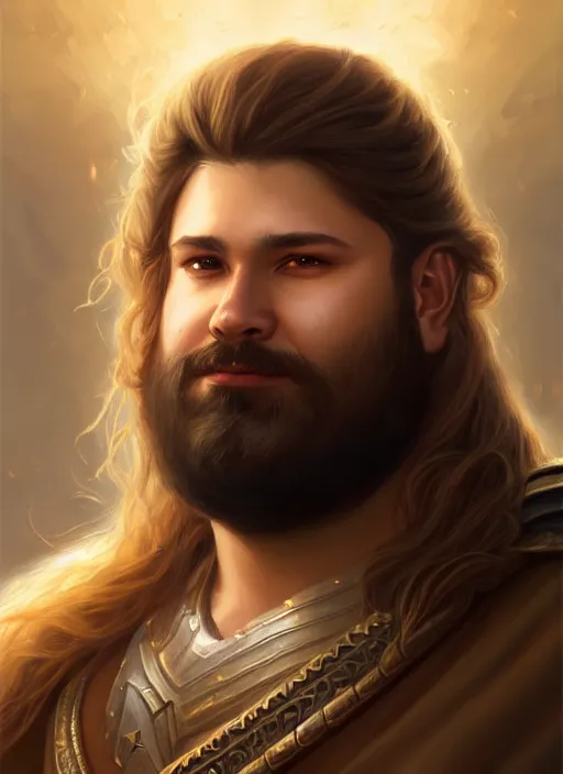 Image similar to a _ fantasy _ style _ portrait _ painting _ of light brown male paladin with long wavy brown hair chubby and beard, rpg dnd oil _ painting _ unreal _ 5 _ daz. _ rpg _ portrait _ extremely _ detailed _ artgerm _ greg _ rutkowski _ greg