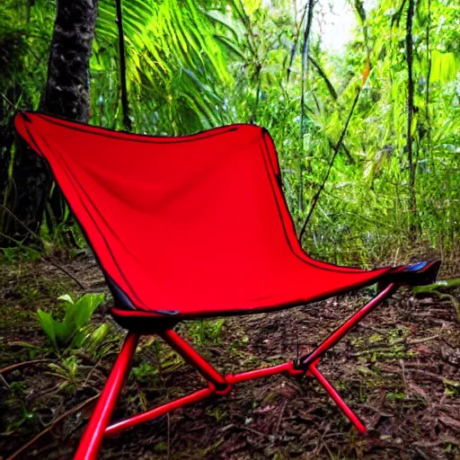 Image similar to a red camping chair in the middle of a dense jungle. the chair is far away from the camera.