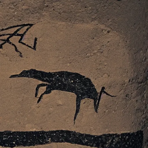 Image similar to A photograph of a prehistoric cave painting, depicting a UFO sighting