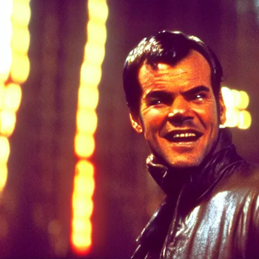 Image similar to very young Jack Nicholson as Rick Deckard on blade runner 1982, smiling, wide angle lens, 35mm, movie still, city lights on the background, in color, movie frame, detailed face, symmetrical face, 4k