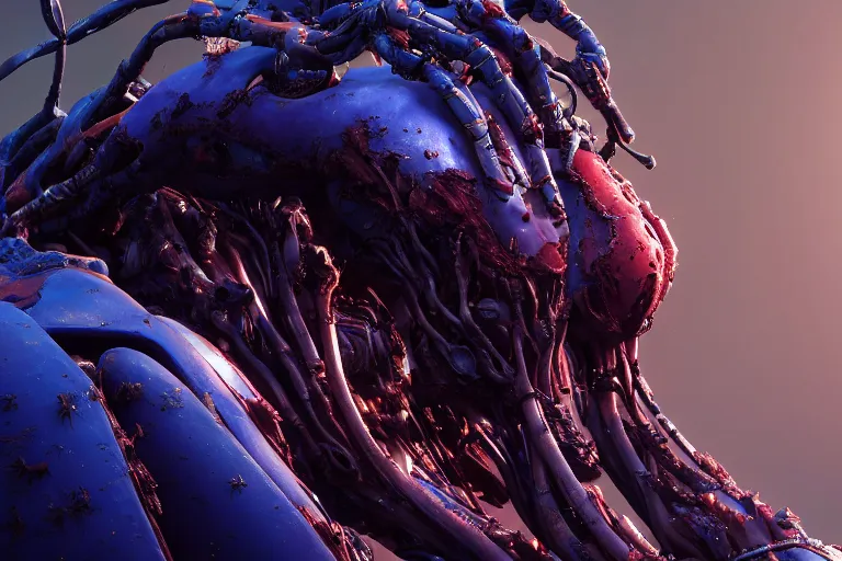 Image similar to portrait of a posed hyper detailed brown ultramarine burrower evangelion realistic mechanical and fleshy organic creature similar look as horizon forbidden west horizon zero dawn bioluminiscence in a dark deep forest at dawn in spring, with reflection and textures, by kilian eng, substance painter reaslitic mech surface metal painted scratches