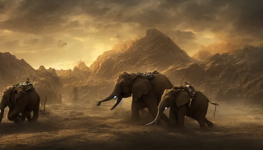 Image similar to matte painting of a beautiful fight scene of two warloads ride on their war - elephents in the center of the scene, digital art, trending on artstation