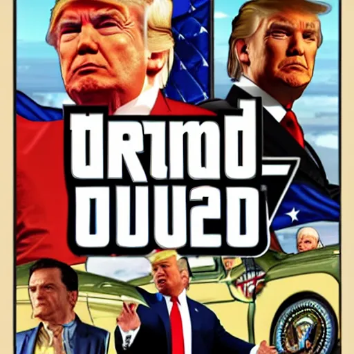 Prompt: Donald Trump in GTA V, Cover Art by Stephen Bliss, boxart, loading screen