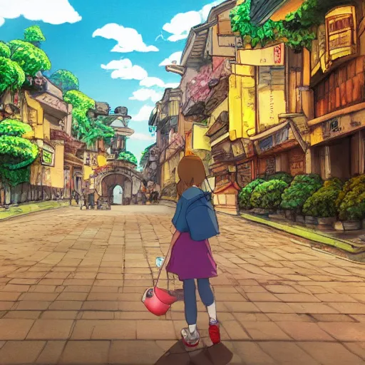 Prompt: Girl getting lost in the city of Armenia Quindio, Artwork by Studio Ghibli, official media, concept art, 8k, pixiv, high definition, wallpaper, hd, digital artwork