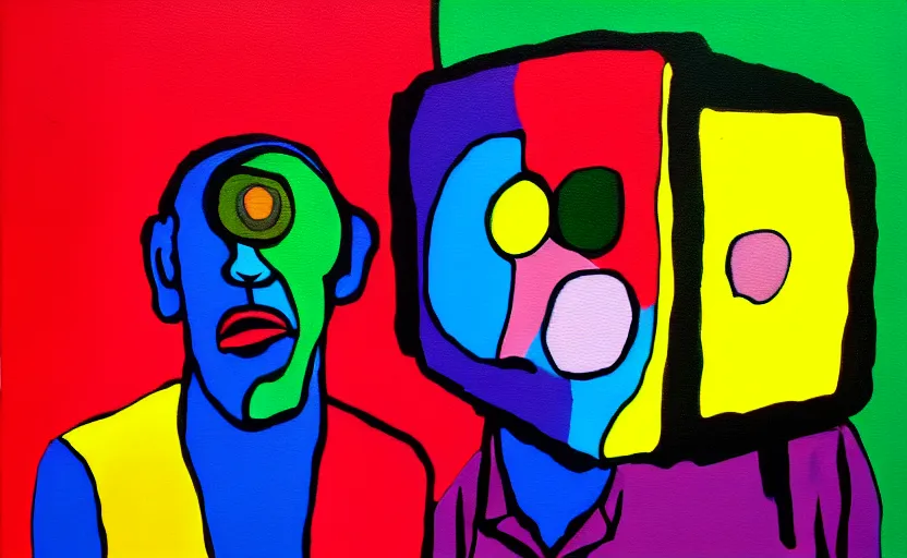 Prompt: a surreal colourful painting of a frightened young man surrounded by people without eyes and crt television s 1 5 0