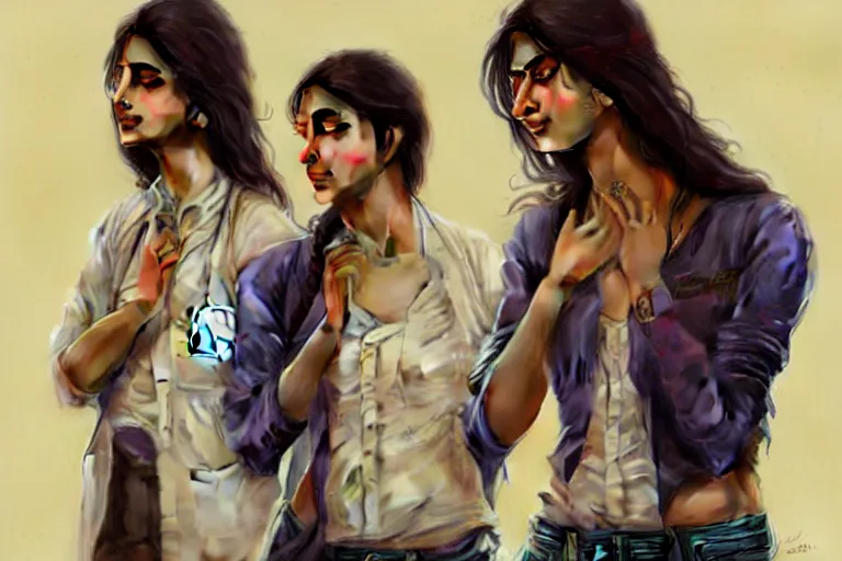 Image similar to Anxious pretty pale young Indian doctors wearing jeans and shirts at the airport, portrait, elegant, intricate, digital painting, artstation, concept art, smooth, sharp focus, illustration, art by artgerm and greg rutkowski and alphonse mucha