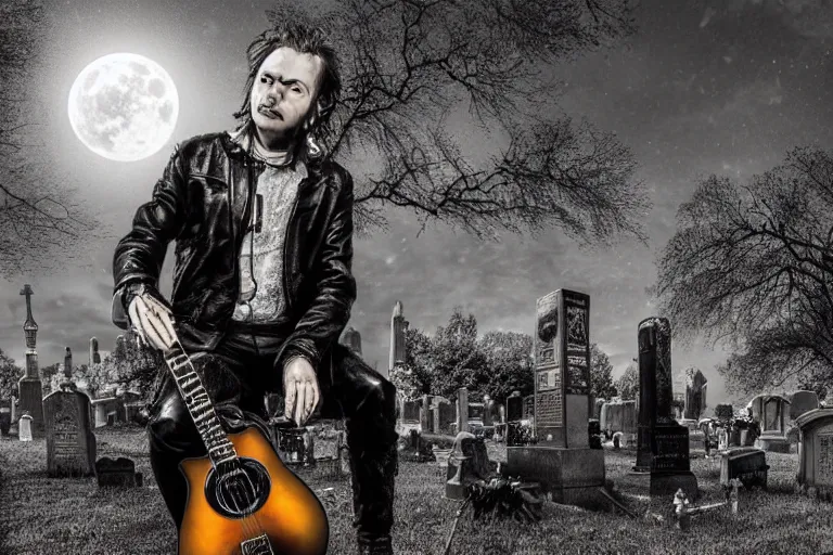 Prompt: mikhail gorshenev in a leather jacket playing electroguitar in a cemetery, rock concert, dark night, full moon, crows on the oak tree, highly detailed digital art, photorealistic