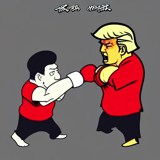 Image similar to xi jinping vs donald trump, street fighter, fight, fistfight, digital art, cartoon style