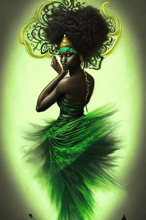 Image similar to portrait of a black princess warrior , fantasy, gradient black green gold, dreamy and ethereal, green eyes, golden ratio, peaceful expression, ornate frilly dress, fantasy, intricate, elegant, rainbow splash of ink, highly detailed, digital painting, artstation, concept art, smooth,b sharp focus, illustration, art by artgerm and greg rutkowski and alphonse mucha