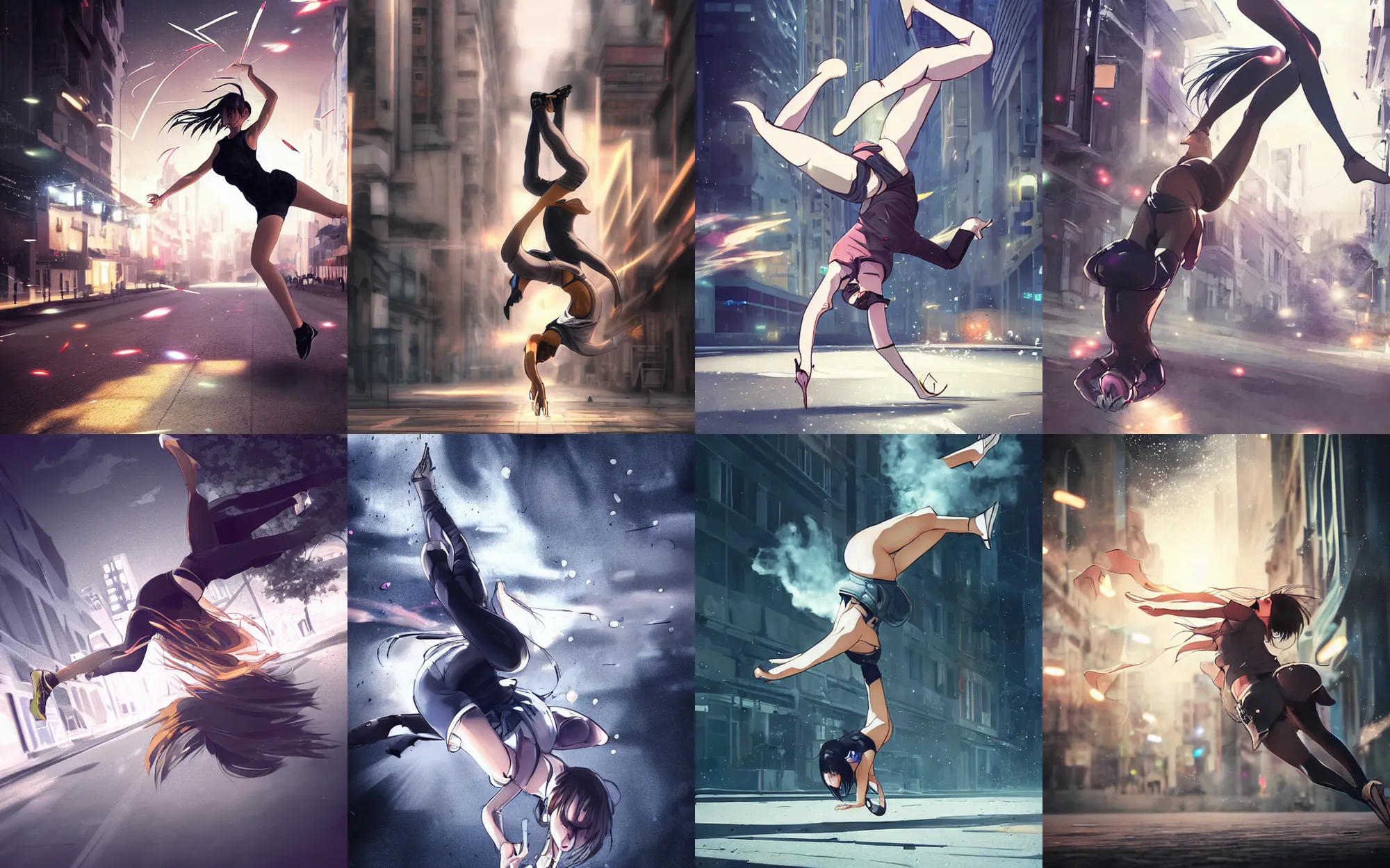 Prompt: Digital anime art by WLOP and Mobius, An athletic young woman cartwheels down a downtown street, dodging bullets, bullet trails, breaking concrete, dusty, smoky, highly detailed, flashy lighting