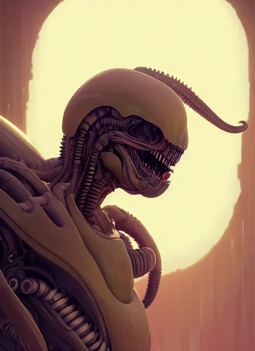 Image similar to highly detailed portrait of xenomorph, stephen bliss, unreal engine, greg rutkowski, loish, rhads, beeple, makoto shinkai and lois van baarle, ilya kuvshinov, rossdraws, tom bagshaw, alphonse mucha, global illumination, god rays, detailed and intricate environment