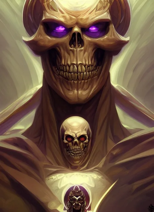 Image similar to symmetry! portrait of skeletor, d & d, muscular! fantasy, intricate, elegant, highly detailed, digital painting, artstation, concept art, smooth, sharp focus, illustration, art by artgerm and greg rutkowski and alphonse mucha