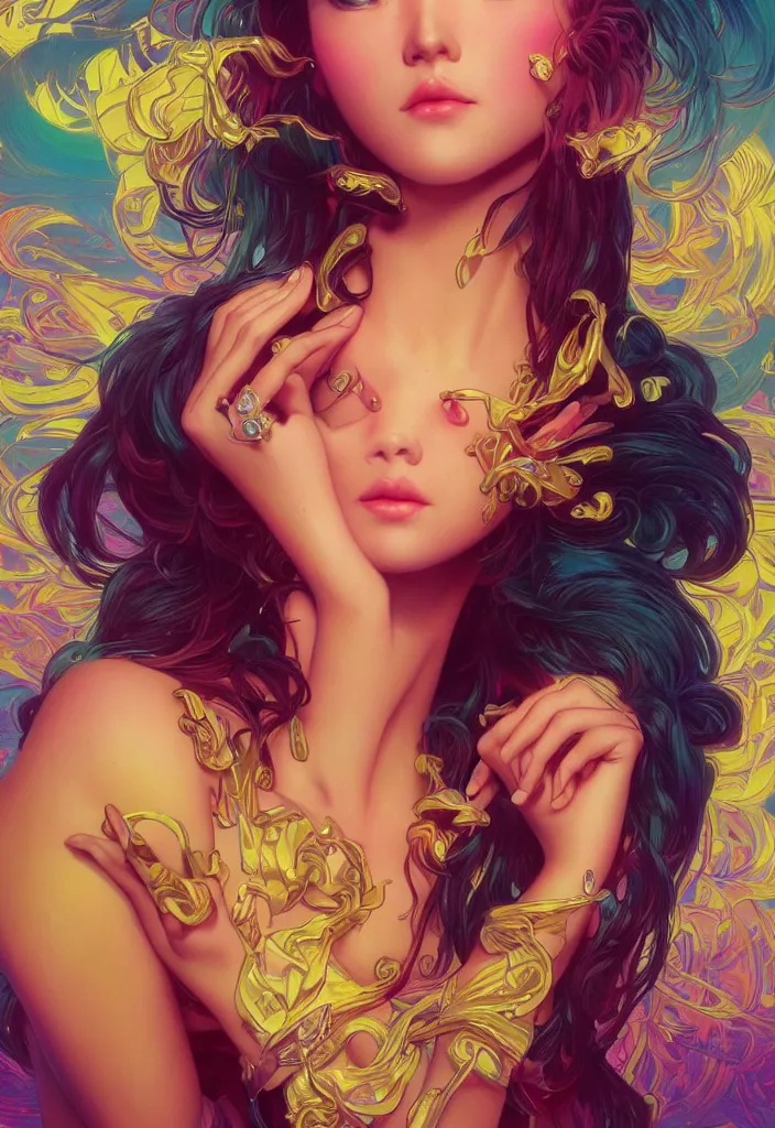 Image similar to beautiful, young woman, detailed gorgeous face, vaporwave aesthetic, synthwave, colorful, psychedelic, artstation, concept art, smooth, extremely sharp detail, finely tuned detail, ultra high definition, 8 k, unreal engine 5, ultra sharp focus, illustration, art by artgerm, greg rutkowski and alphonse mucha